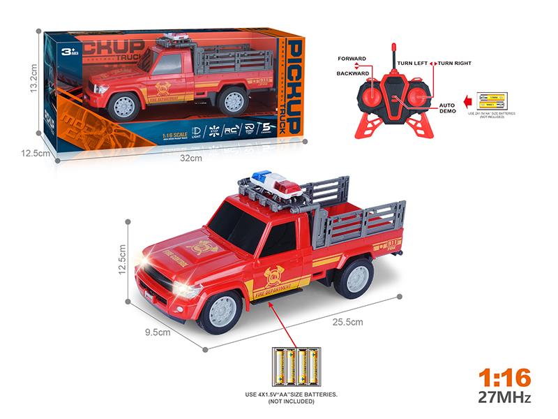 27Mhz 1:16 5-Channel Remote Control Pickup Fire Engine With Headlight, One Key To Demo(Not Included Batteries)