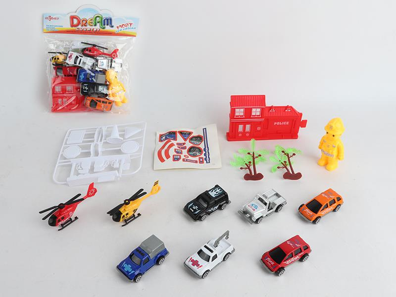 6 Spray-Painted Slide Cars + 2 Helicopter + Firemen,Tower Crane,Gas Station,Guidepost Set