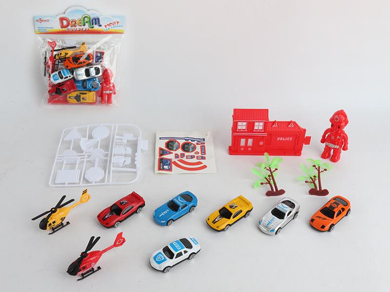 6 Spray-Painted Slide Cars + 2 Helicopter + Firemen,Tower Crane,Gas Station,Guidepost Set