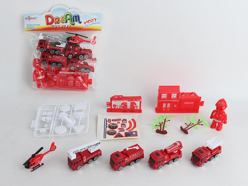 4 Solid Color Slide Fire Engine + Helicopter + Firemen,Tower Crane,Gas Station,Guidepost Set