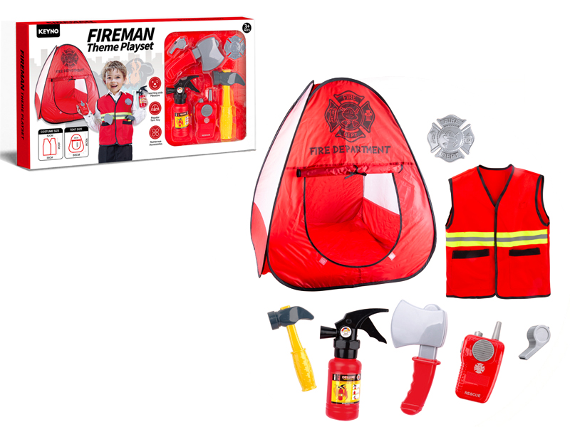 Fire Station Tent With Firefighter Uniform And Fire Control Tools