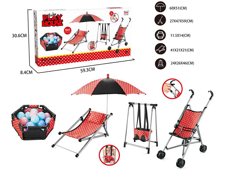 Baby Play House Toys 5pcs(Beach Chair,Beach Umbrella,6 Ocean Balls, Fence,Swing,Plastic Stroller)