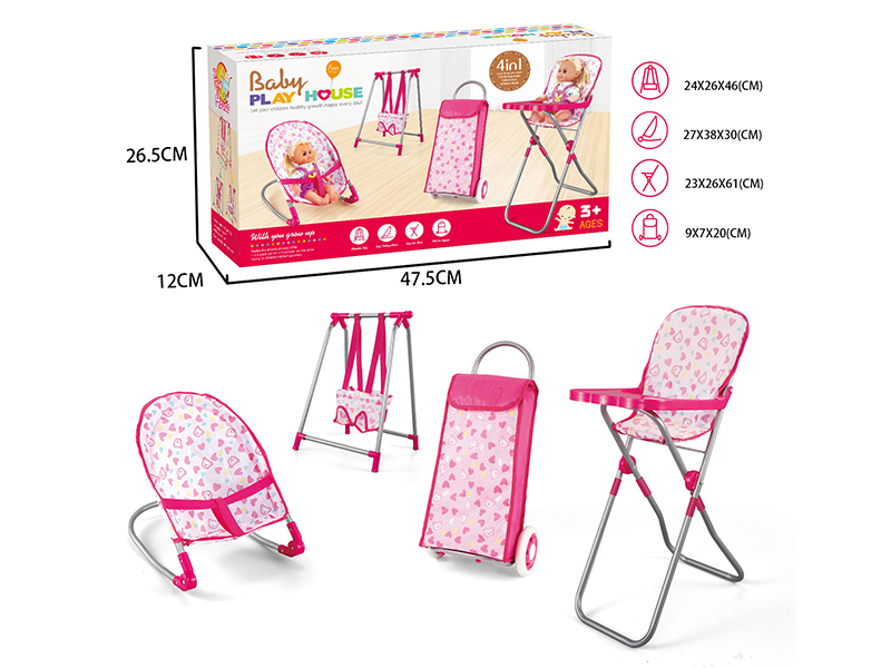 Baby Play House Toys 4pcs(Luggage Cart,Swing,Highchair,Baby Bouncer)