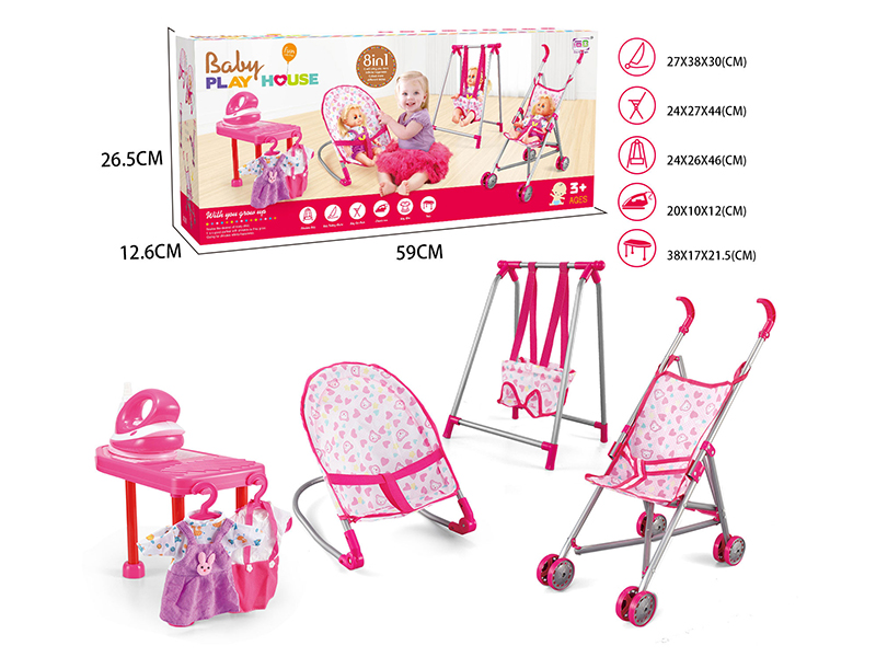 Baby Play House Toys 4pcs(Iron Baby Stroller,Swing,Baby Bouncer,Ironing Table Set)