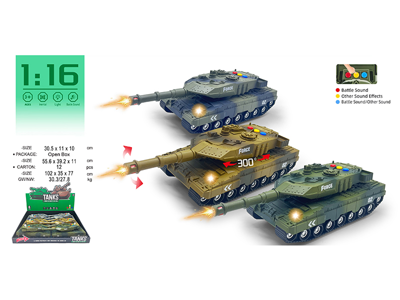 1:16 Friction Military Tank With Sound And Lights 6pcs