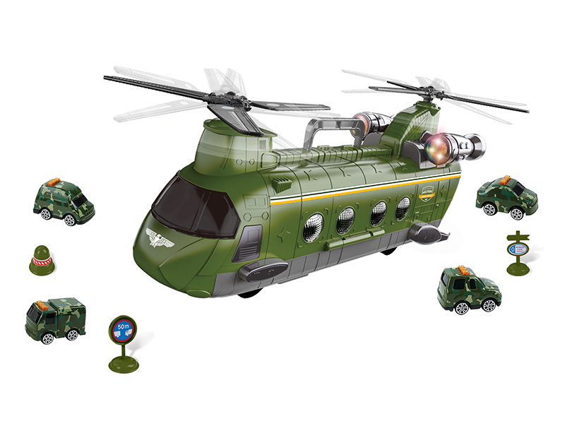 Friction Storage Military Transportation Aircraft With Lights And Music + 4 Alloy Cars