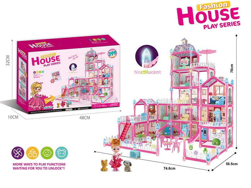 (Pink)DIY Assembly Doll Villa With Colorful Lights(Glow In The Dark)399PCS