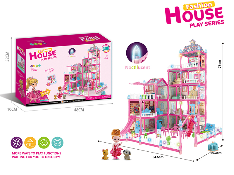 (Pink)DIY Assembly Doll Villa With Colorful Lights(Glow In The Dark)340PCS