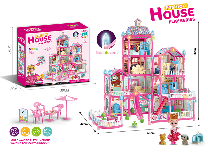 (Pink)DIY Assembly Doll Villa With Colorful Lights(Glow In The Dark)275PCS