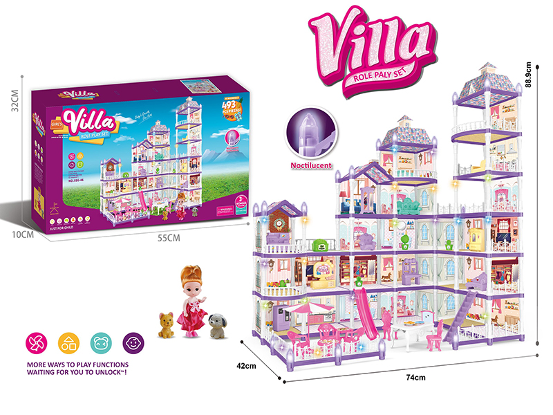 (Purple)DIY Assembly Doll Villa Toy With Colorful Lights(Glow In The Dark)493PCS