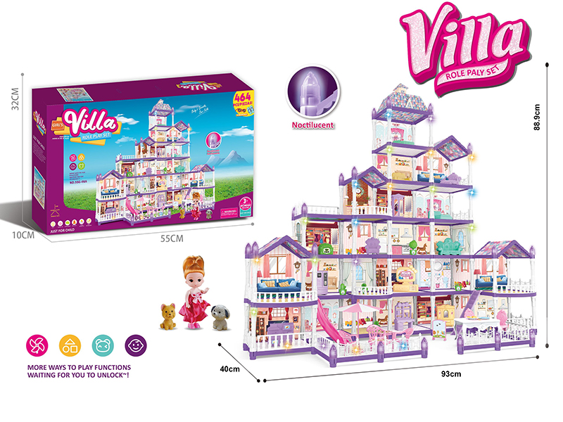 (Purple)DIY Assembly Doll Villa Toy With Colorful Lights(Glow In The Dark)464PCS