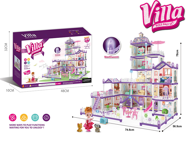 (Purple)DIY Assembly Doll Villa Toy With Colorful Lights(Glow In The Dark)399PCS