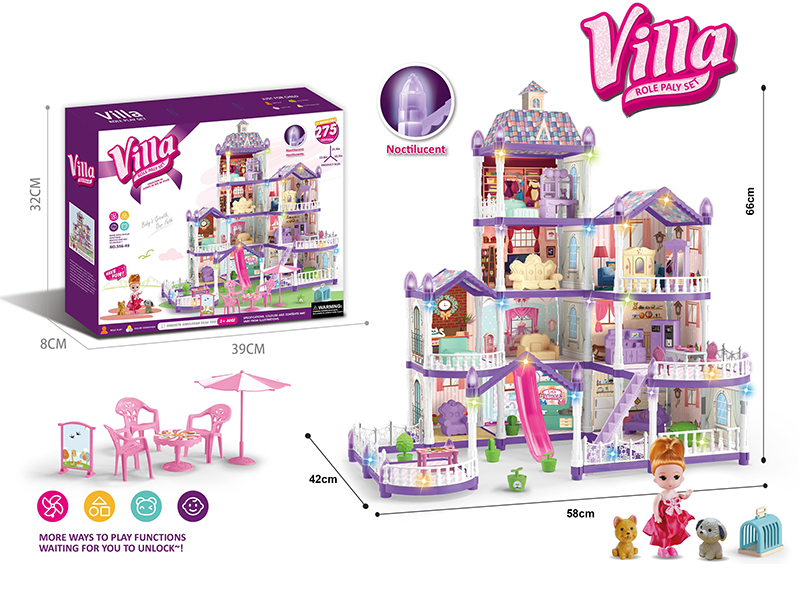 (Purple)DIY Assembly Doll Villa Toy With Colorful Lights(Glow In The Dark)275PCS