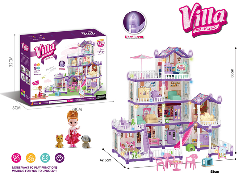 (Purple)DIY Assembly Doll Villa Toy With Colorful Lights(Glow In The Dark)280PCS