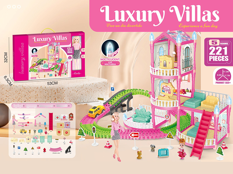 DIY Assembly Doll Villa Toy With Lights+ City Track + 11