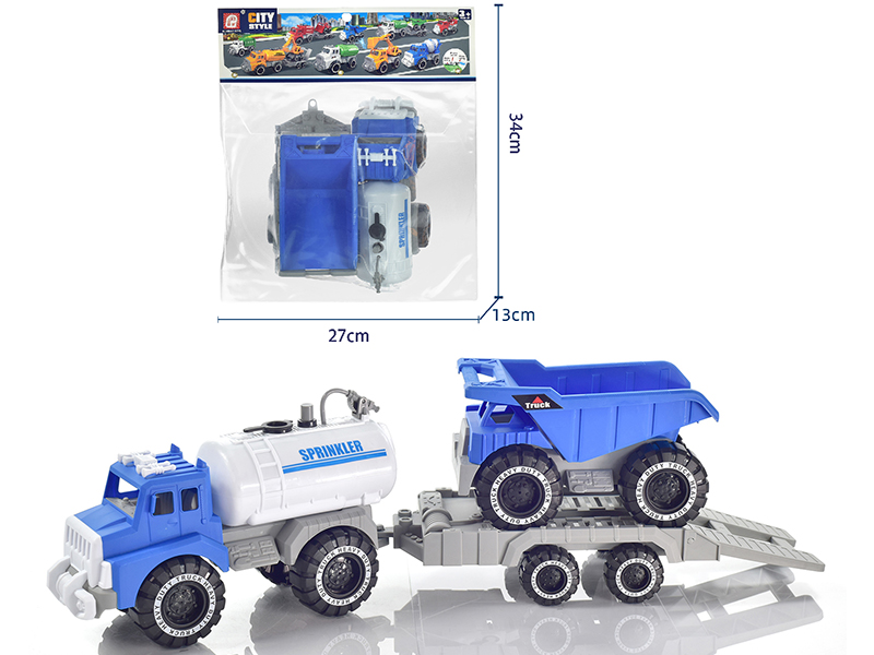 Slide Blue Sprinkler With Trailer And Dump Truck