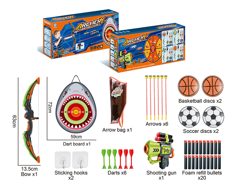 Archery Shooting Series 5 In 1 Classic Games(Bow With Lights, Shark Dart Board)Black