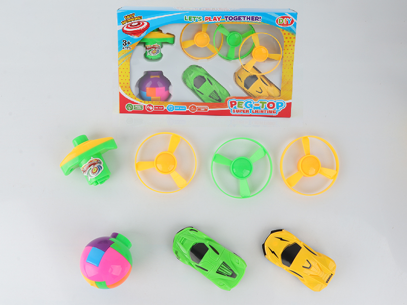 Spinning Top Toy(Launcher + 3 Flying Saucer + 2 Pull Back Cars + DIY Assembly Top)