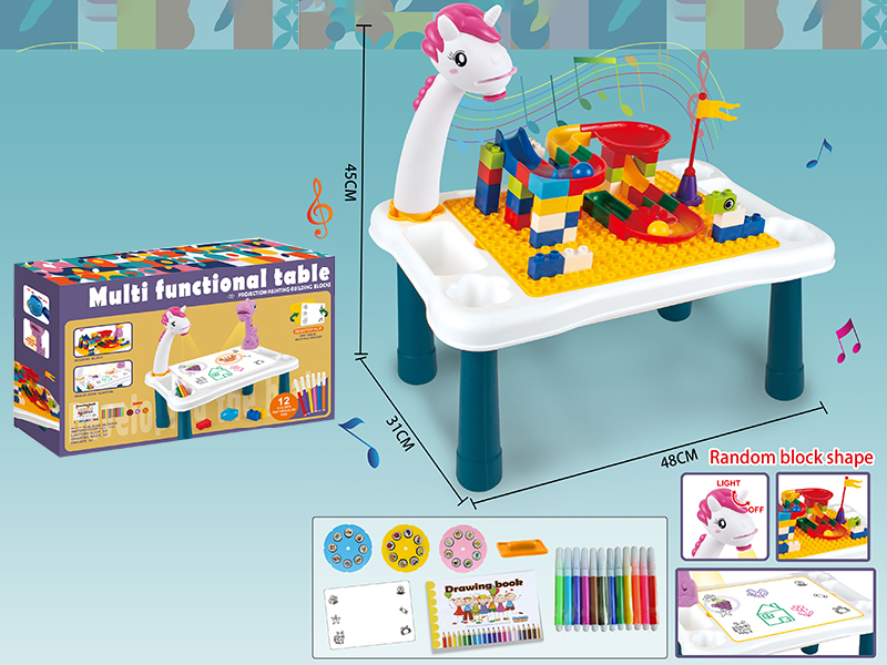 Large Size Unicorn Projection Painting Table With Lights And Music(Including 168PCS Medium Size Building Blocks)