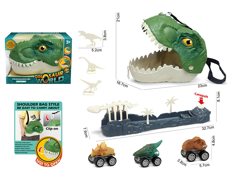 T-Rex Shoulder Bag+3 Slide Dinosaur Cars+Launcher, Accessories